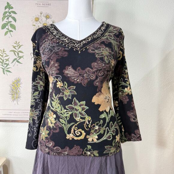 90s Y2k Floral Embroidered Beaded Top Fairy Grunge Forest Whimsigoth Witchy S M - Picture 2 of 8